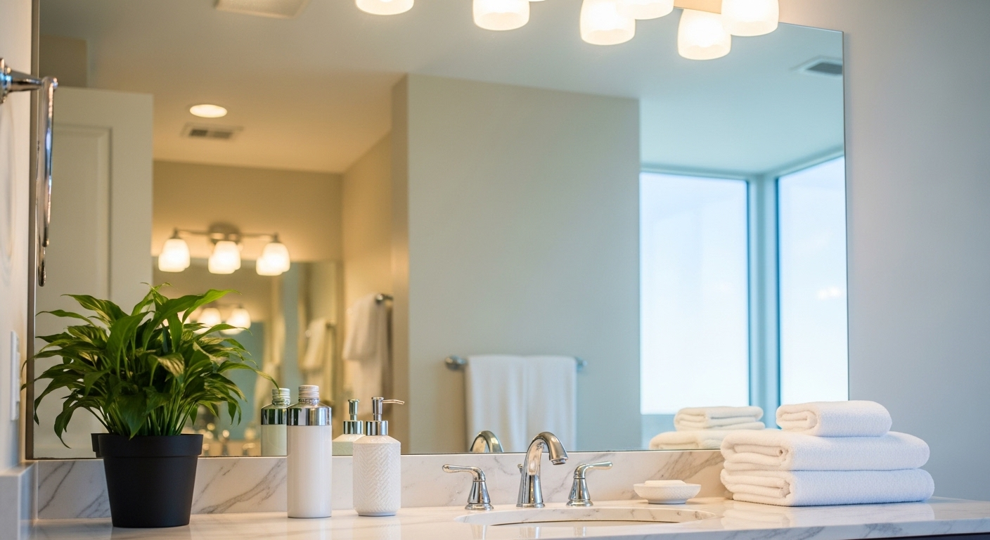 Gương nhà tắm sáng bóng, sạch tinh tươm không vệt, phản chiếu căn phòng gọn gàng và cây xanh. Kết quả hoàn hảo từ các mẹo làm sạch gương nhà tắm hiệu quả. Gương nhà tắm sáng bóng, sạch tinh tươm không vệt, phản chiếu căn phòng gọn gàng và cây xanh. Kết quả hoàn hảo từ các mẹo làm sạch gương nhà tắm hiệu quả.