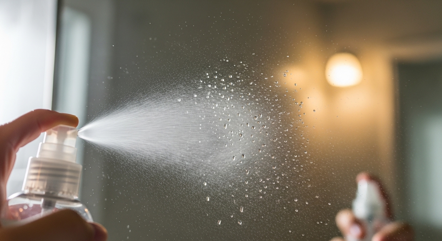 Cận cảnh bình xịt đang phun sương làm sạch hiệu quả bề mặt gương phòng tắm bị mờ.