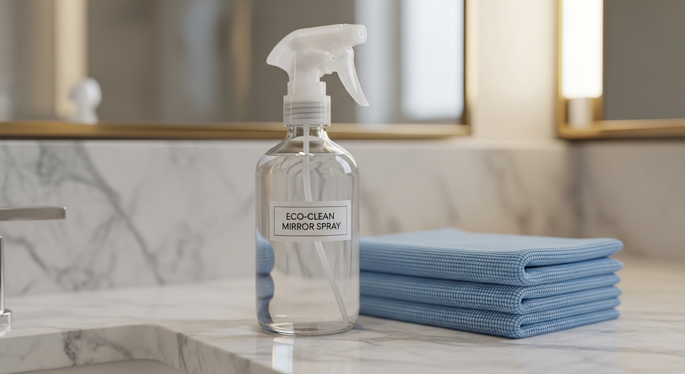 Chai xịt dung dịch giấm trắng pha loãng và khăn microfiber trên bồn rửa phòng tắm, chuẩn bị cho cách làm sạch gương phòng tắm không vệt ố hiệu quả.