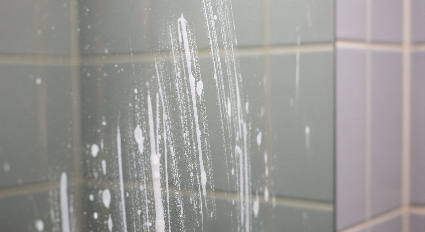 Cận cảnh gương phòng tắm bám đầy vệt xà phòng khô và cặn nước cứng màu trắng, cho thấy rõ lý do cần tìm hiểu cách vệ sinh gương phòng tắm hiệu quả.