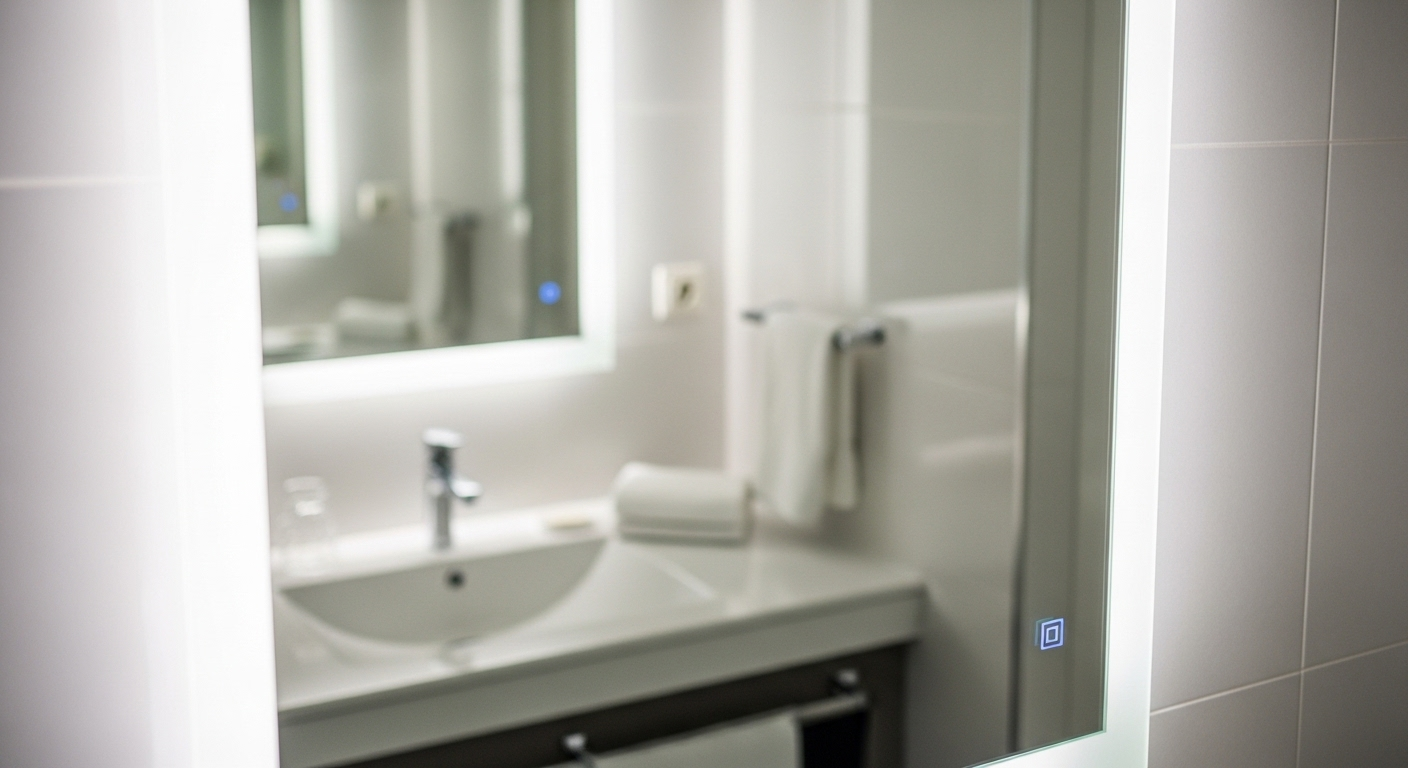 Gương phòng tắm sạch bóng, trong vắt không tì vết, phản chiếu sắc nét không gian sáng sủa. Minh họa cho kết quả của cách vệ sinh gương phòng tắm hiệu quả. Gương phòng tắm sạch bóng, trong vắt không tì vết, phản chiếu sắc nét không gian sáng sủa. Minh họa cho kết quả của cách vệ sinh gương phòng tắm hiệu quả.