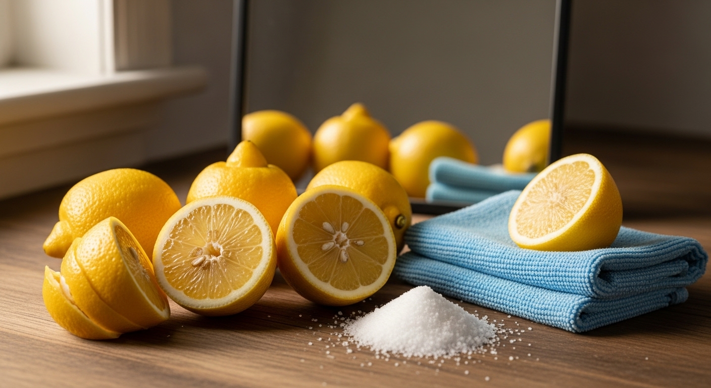 Chanh vàng tươi, muối tinh và khăn microfiber xanh nhẹ trên bàn gỗ mộc mạc, với một phần gương mờ ở hậu cảnh. Bố cục gợi ý các mẹo tự nhiên để làm sạch gương bị mốc một cách hiệu quả.