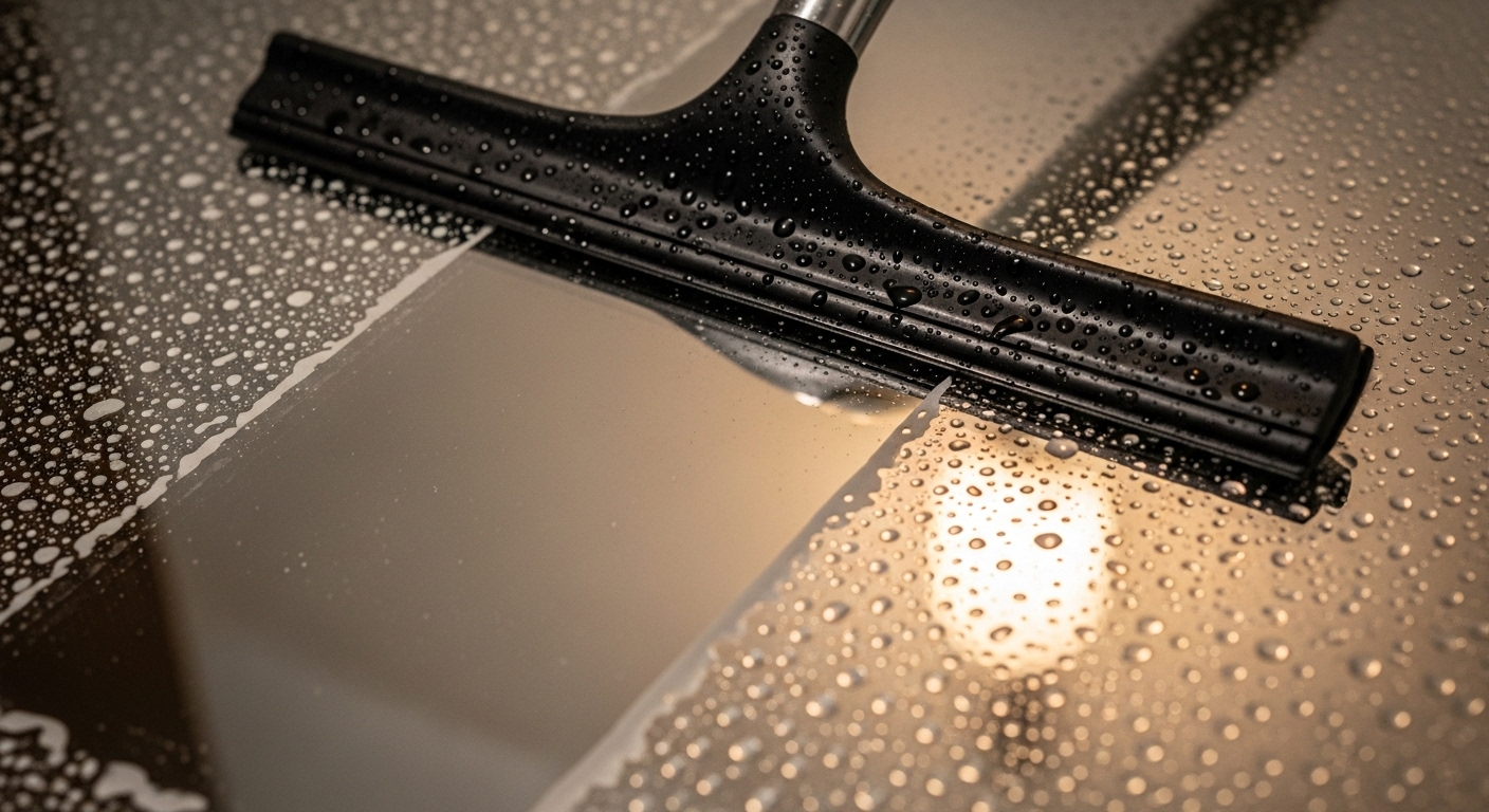 Cận cảnh cây gạt kính đang vệ sinh gương nhà tắm, để lại bề mặt sáng bóng không chút vệt mờ. Ảnh minh họa cách làm sạch gương nhà tắm không để lại vệt mờ hiệu quả.