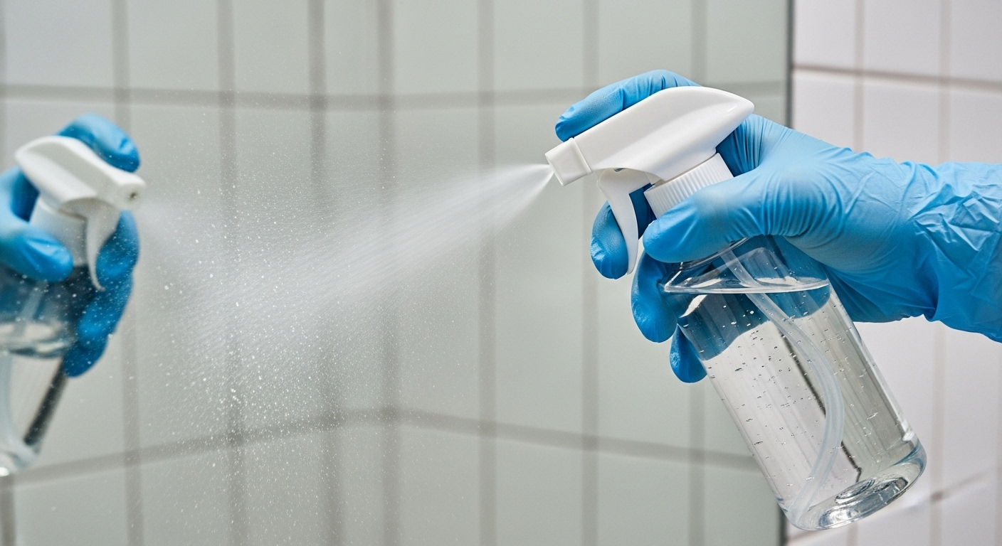 Cận cảnh chai xịt dung dịch đang được phun lên gương nhà tắm bị ố mờ, minh họa cách tẩy vết ố trên gương nhà tắm hiệu quả với bàn tay đeo găng xanh.