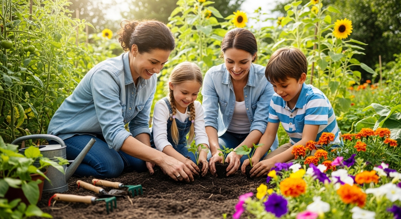 Gia đình bốn người cùng nhau trồng cây trong khu vườn tại nhà, minh họa cách khuyến khích con làm việc nhà thông qua hoạt động ý nghĩa và vui vẻ.
