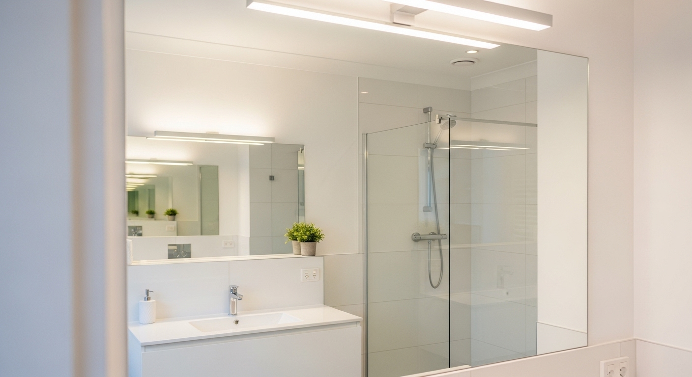 Gương phòng tắm sáng bóng, trong veo, phản chiếu rõ nét nội thất hiện đại. Đây là kết quả lý tưởng khi áp dụng thành công cách khắc phục gương phòng tắm bị mờ.