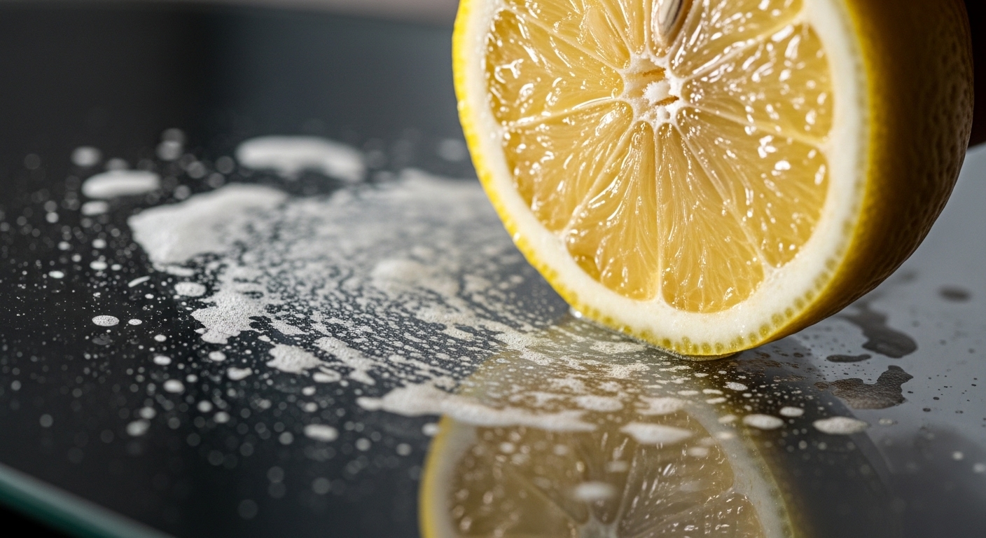 Cận cảnh gương nhà tắm bị mờ vết ố cặn. Một lát chanh đang được chà xát, minh họa cách làm gương nhà tắm hết mờ tự nhiên.