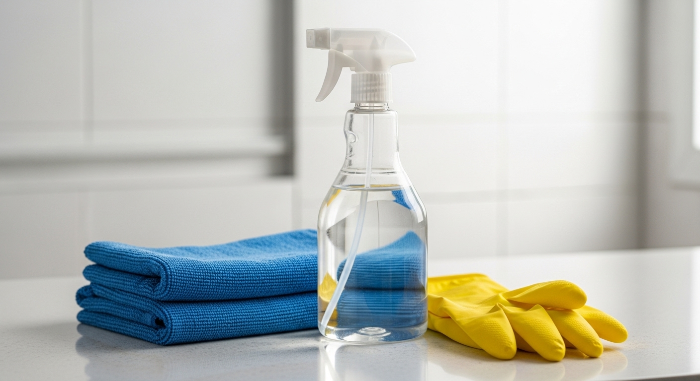 khăn microfiber xanh, bình xịt và găng tay vàng, chuẩn bị cho cách làm sạch gương trong phòng tắm hiệu quả.