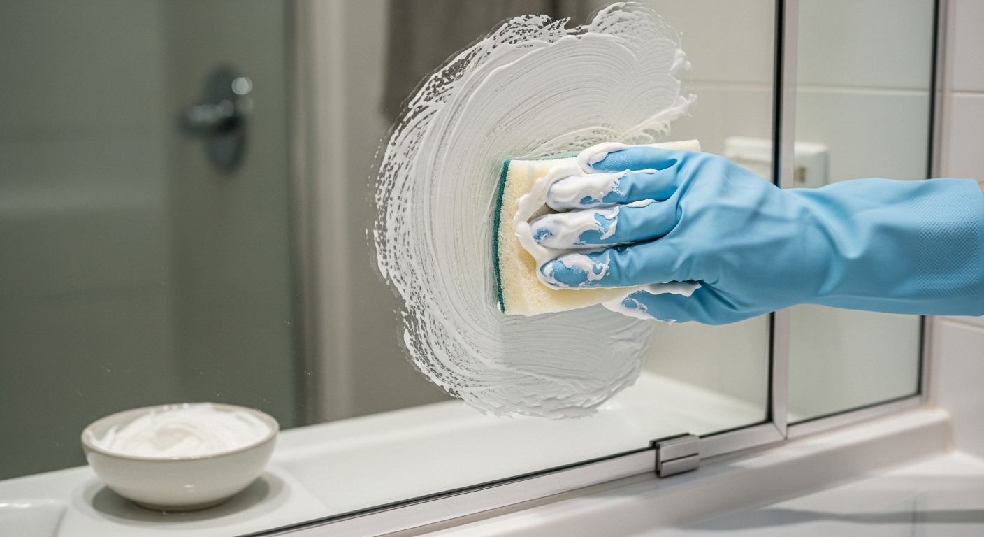 Hình ảnh cận cảnh một bàn tay đeo găng đang dùng bọt biển thoa dung dịch làm sạch lên gương nhà tắm, minh họa cách khắc phục gương nhà tắm bị mờ hiệu quả.