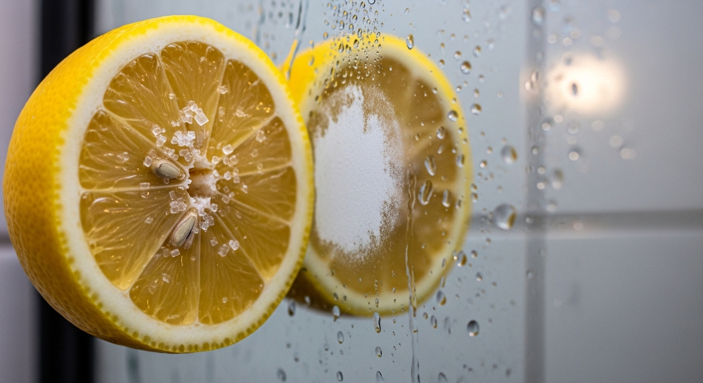 Nửa quả chanh vàng tươi rắc muối biển đang tẩy vết cặn nước cứng trên gương.