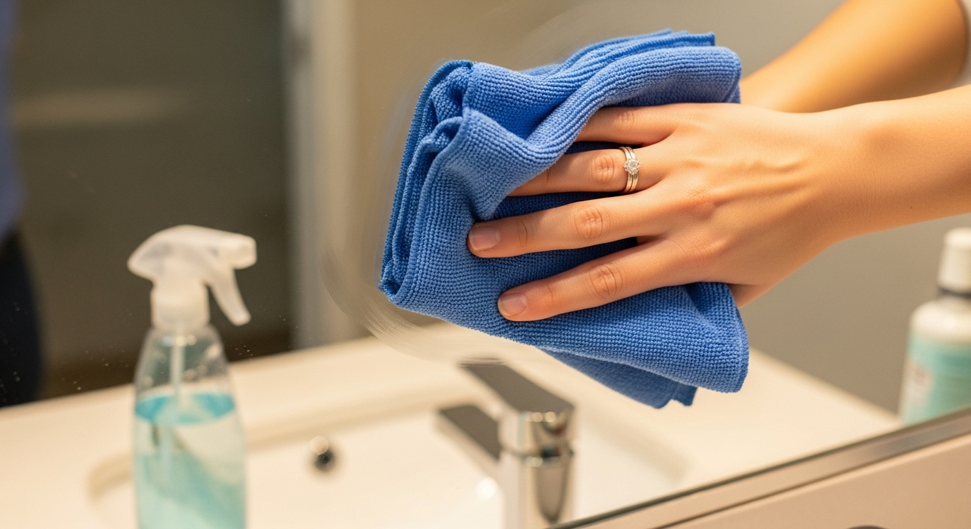 Hình ảnh cận cảnh tay đang dùng khăn microfiber màu xanh lau sạch gương phòng tắm bị mờ, tạo ra bề mặt sáng bóng. Hình ảnh cận cảnh tay đang dùng khăn microfiber màu xanh lau sạch gương phòng tắm bị mờ, tạo ra bề mặt sáng bóng.