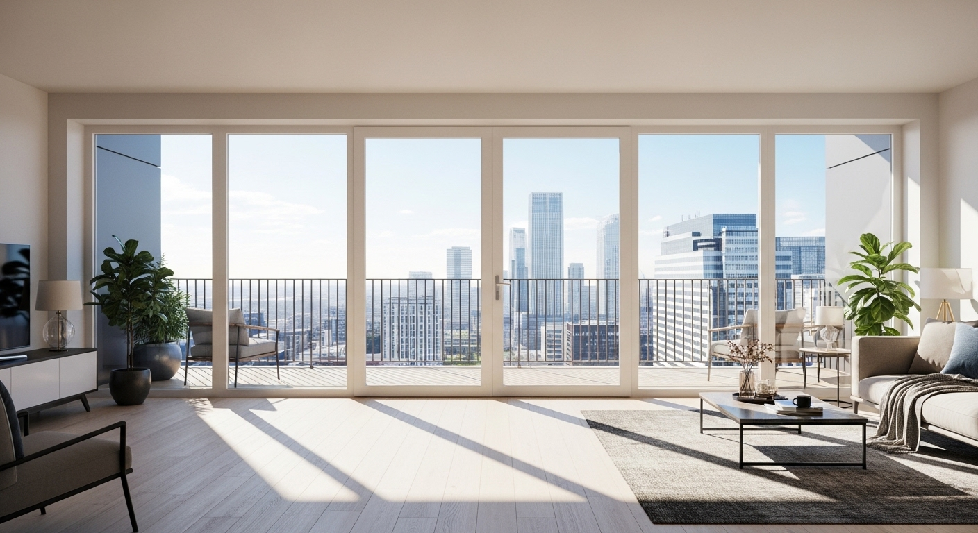 Phòng khách sáng bừng với cửa kính ban công trong veo, không vết mờ, phản chiếu rõ bầu trời xanh. Một ví dụ hoàn hảo về hiệu quả của cách lau kính sạch.