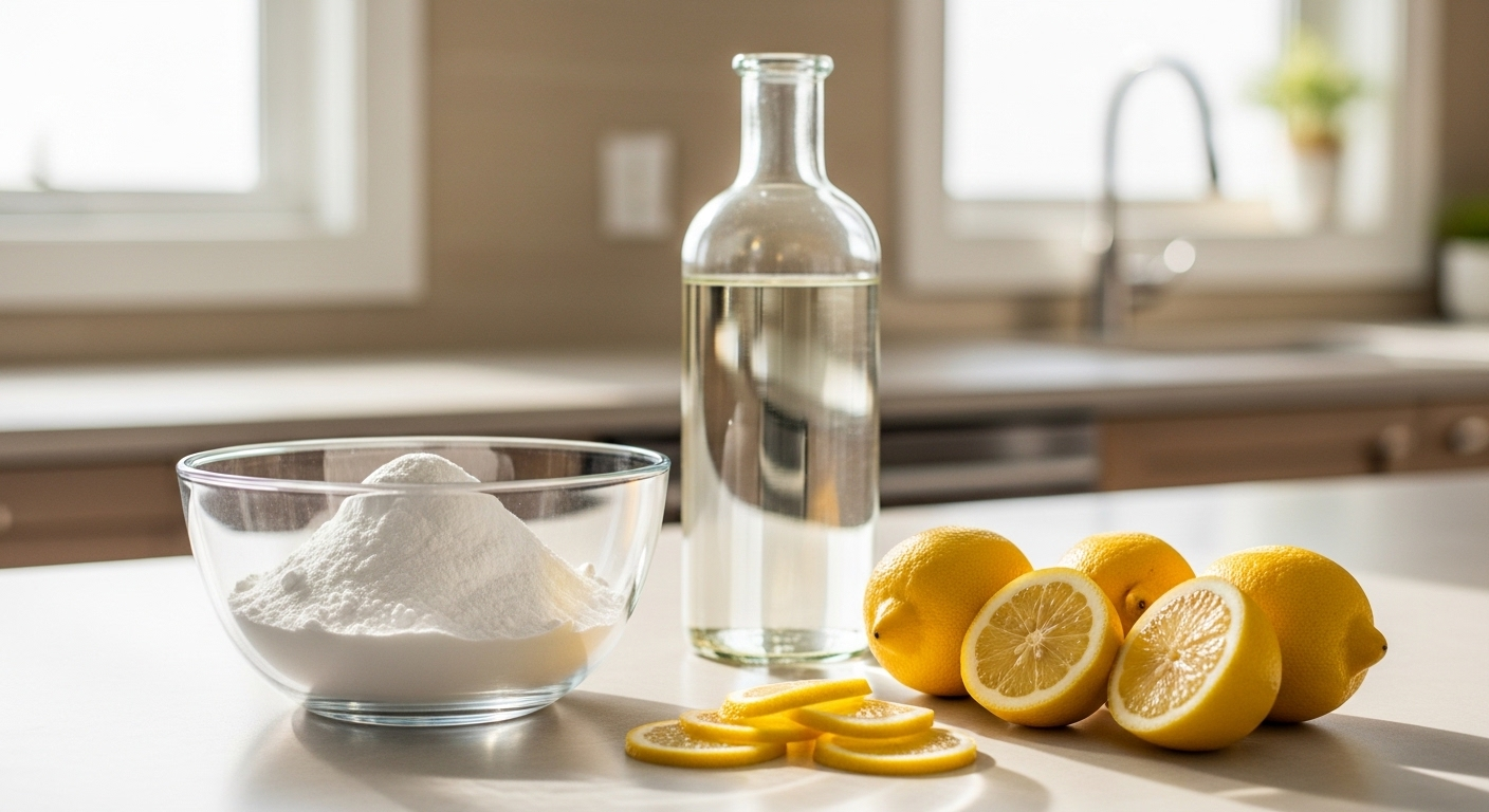 bột baking soda, giấm trắng và chanh tươi. Giải pháp thân thiện môi trường để vệ sinh nhà cửa và lau gương nhà tắm sáng bóng.