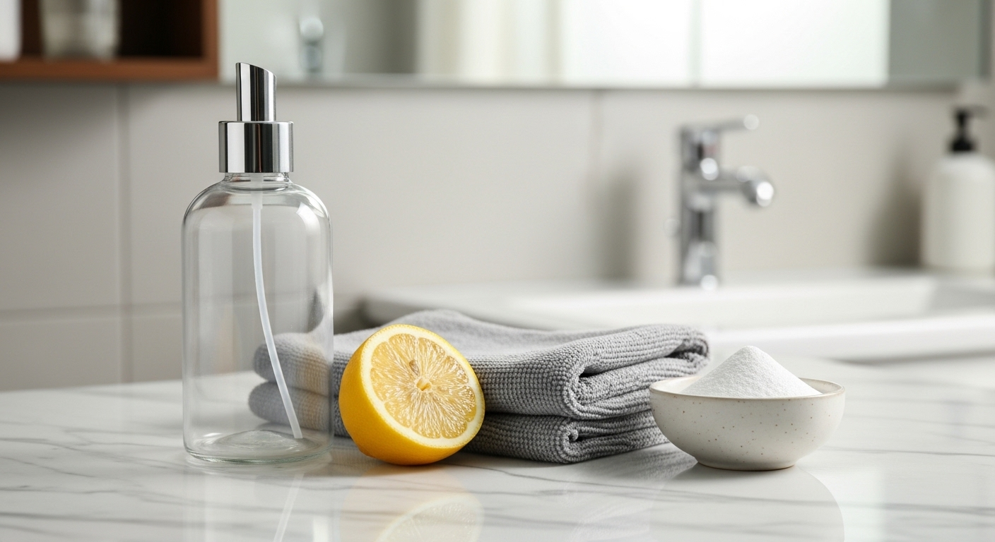 Chanh, baking soda, chai xịt và khăn lau trên bàn phòng tắm, những nguyên liệu tự nhiên giúp vệ sinh gương phòng tắm sáng bóng.