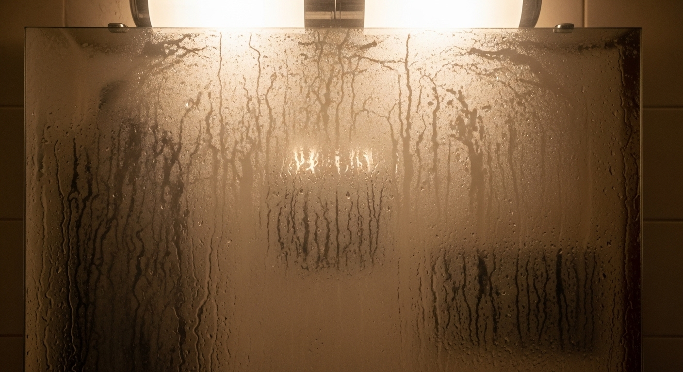 Gương nhà tắm mờ sương và đọng giọt nước dày đặc sau khi tắm nóng, một hình ảnh quen thuộc khi tìm kiếm Cách làm sạch gương nhà tắm hiệu quả.