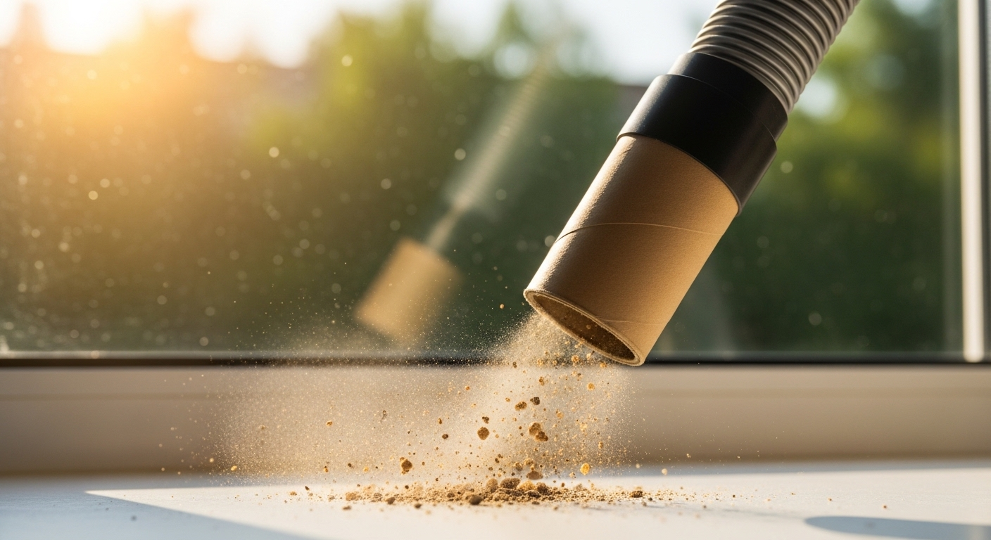 Cận cảnh vòi hút bụi với ống nối bìa cứng đang hút sạch bụi bẩn trên bệ cửa sổ dưới ánh nắng, giúp làm sạch hiệu quả những góc khó tiếp cận.