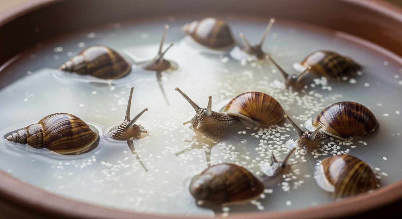 Cận cảnh ốc tươi đang được ngâm trong thau nước vo gạo đục, minh họa cách ngâm ốc sạch nhớt hiệu quả tại nhà.