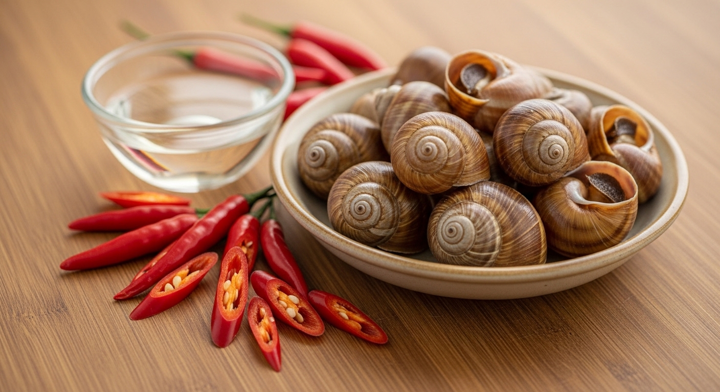 Đĩa ốc vỏ tươi với ớt thái lát và chén giấm trên nền gỗ, minh họa cách ngâm ốc sạch nhớt hiệu quả.