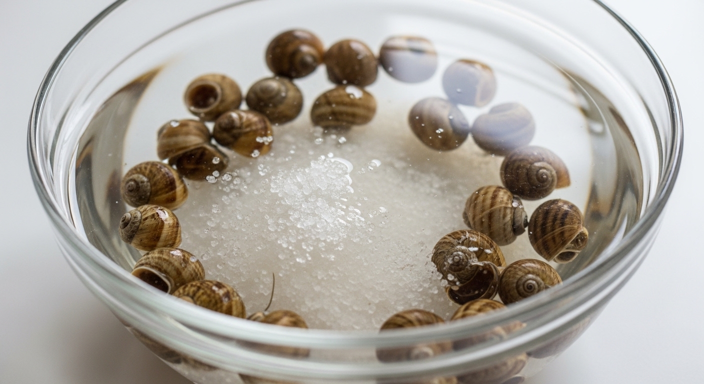 Bát thủy tinh trong suốt chứa nhiều ốc tươi đang ngâm trong nước muối tinh khiết, minh họa chi tiết cách làm sạch ốc hiệu quả.