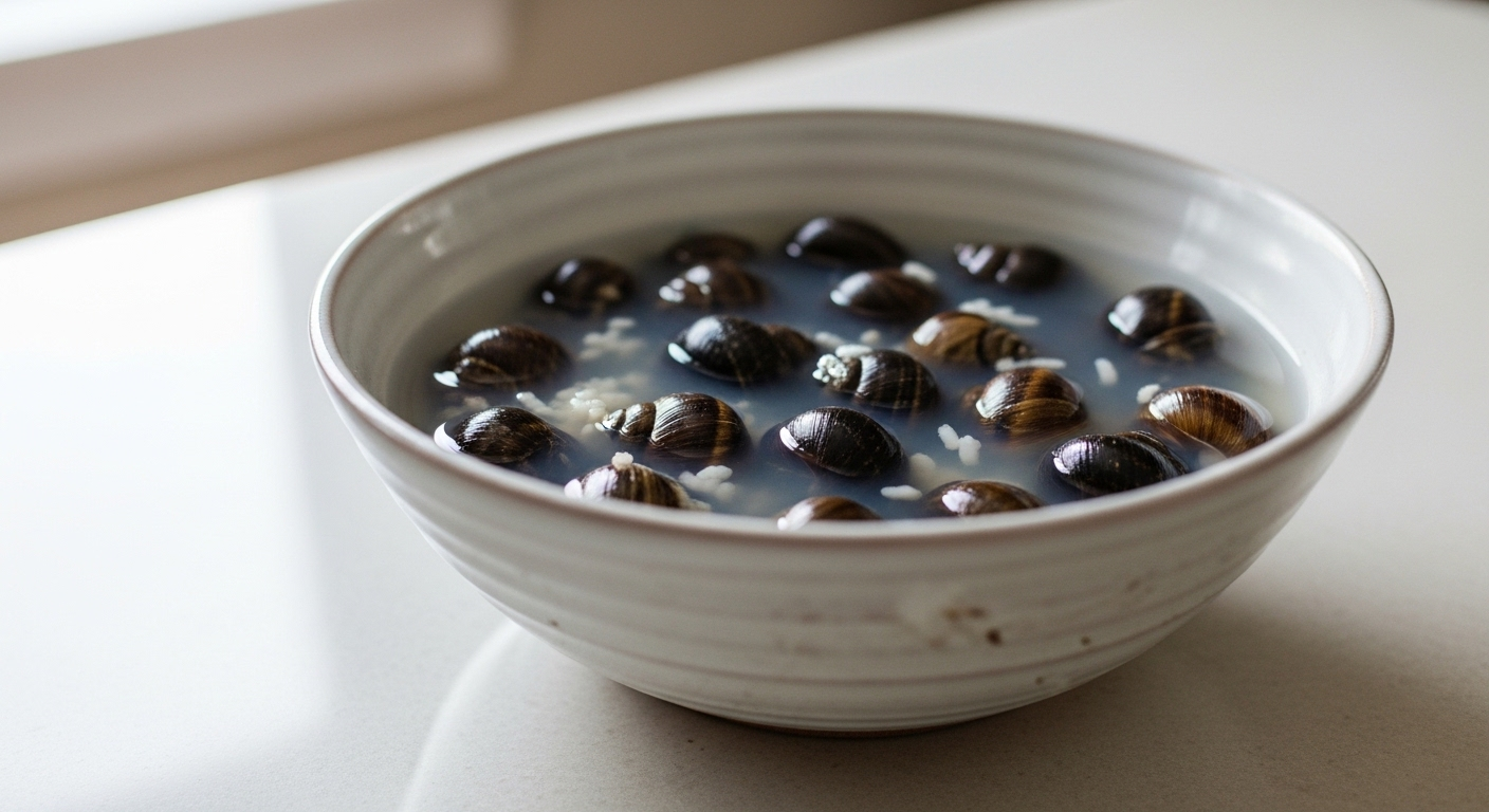 Bát sứ chứa ốc đang ngâm trong nước vo gạo đục trên bàn bếp, thể hiện cách ngâm ốc sạch hiệu quả.
