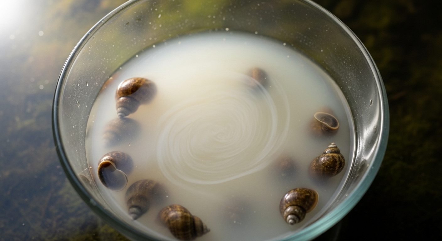 Tô thủy tinh đựng ốc nước ngọt đang ngâm trong nước vo gạo trắng đục, thể hiện một bước quan trọng trong cách làm sạch ốc giúp vỏ ốc sạch và mịn màng.