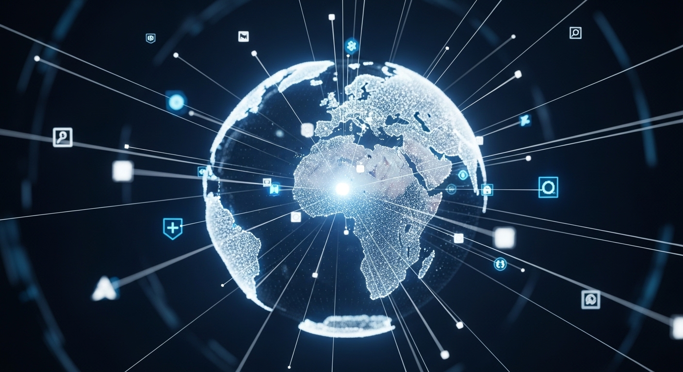 Mô hình Trái đất hologram phát sáng với các đường kết nối kỹ thuật số, thể hiện mạng lưới toàn cầu không giới hạn, nơi bạn có thể liên lạc qua điện thoại mọi lúc mọi nơi.