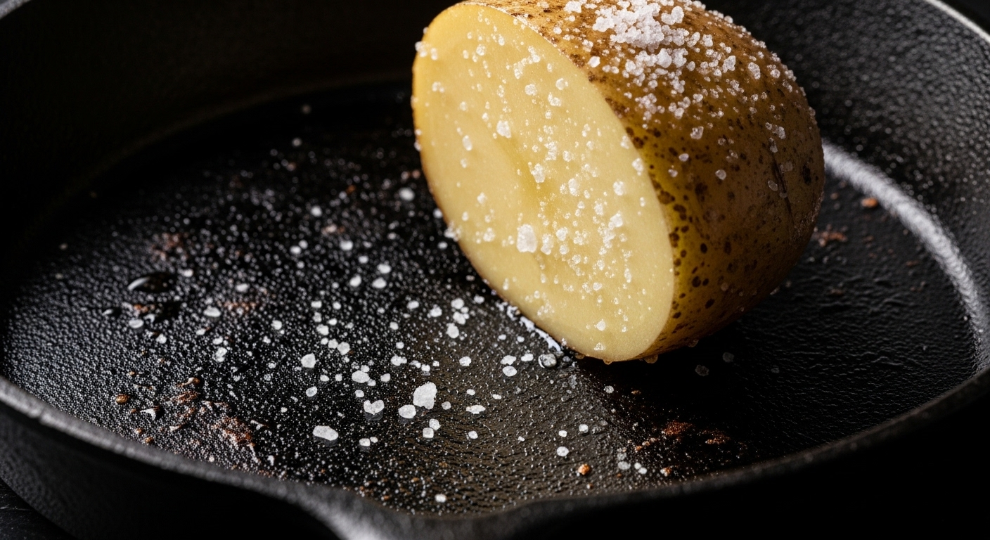 Nồi gang bị cháy đang được làm sạch bằng nửa củ khoai tây nhúng muối hạt.