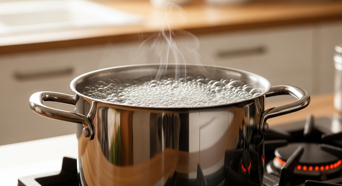 Nồi inox đang đun sôi dung dịch giấm trên bếp, hướng dẫn cách làm sạch nồi chảo bị cháy hiệu quả.