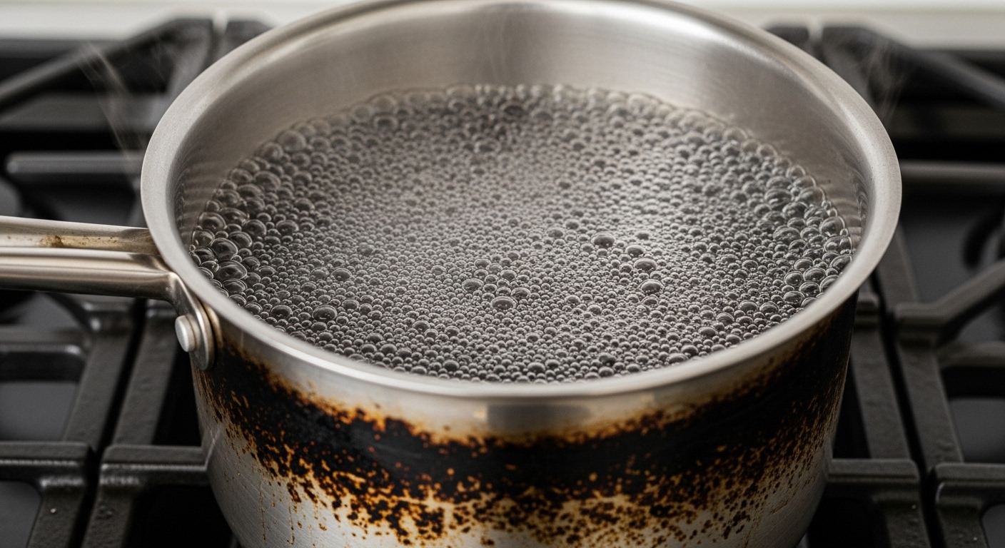 Nồi inox bị cháy trên bếp chứa Coca-Cola đang sôi sủi bọt, các mảng bám cháy bắt đầu bong ra, minh họa mẹo làm sạch nồi bị cháy bằng coca cola hiệu quả.