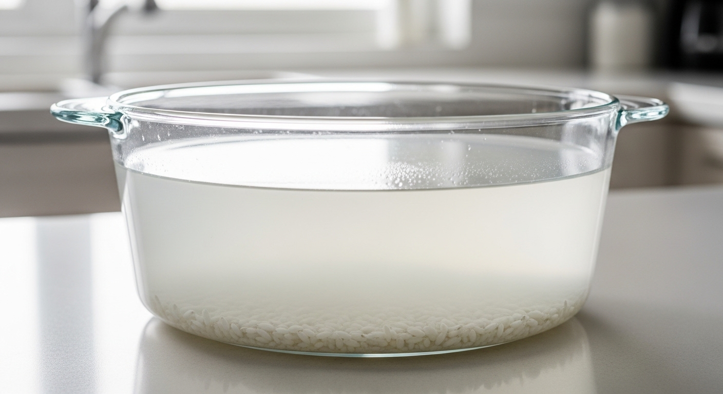 Nồi thủy tinh sạch chứa nước vo gạo trắng đục, gợi ý cách làm sạch nồi bị cháy bằng nguyên liệu tự nhiên hiệu quả.