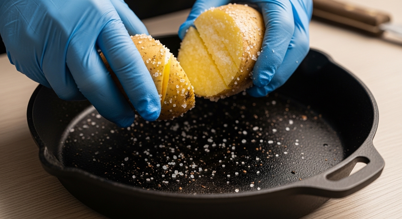 Một người đeo găng tay cọ rửa lòng nồi gang bị cháy nhẹ bằng khoai tây và muối trên bàn gỗ, hướng dẫn cách xử lý nồi bị cháy tại nhà.