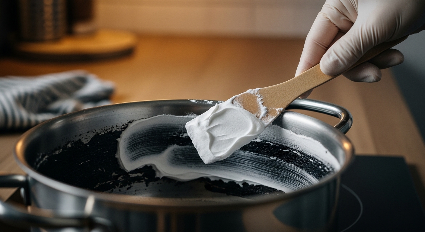 Tay đeo găng đang dùng spatula phết hỗn hợp baking soda lên vết cháy đen bên trong nồi kim loại. Hướng dẫn cách làm sạch nồi bị cháy hiệu quả bằng baking soda.