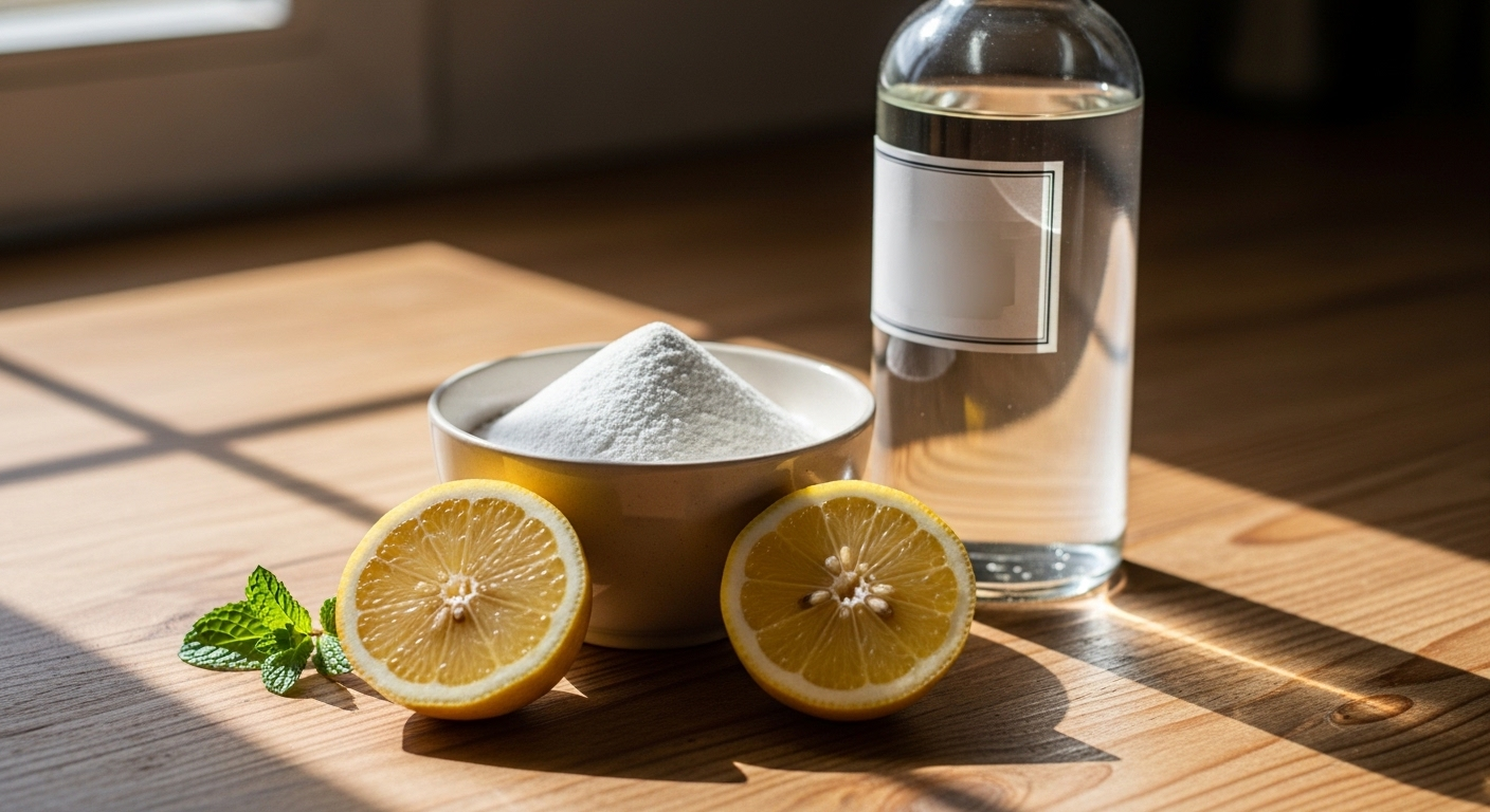 Ảnh cận cảnh các nguyên liệu tự nhiên (baking soda, chanh, giấm trắng) trên bàn gỗ mộc dưới ánh nắng dịu, giải pháp cho vệ sinh nhà ở an toàn.