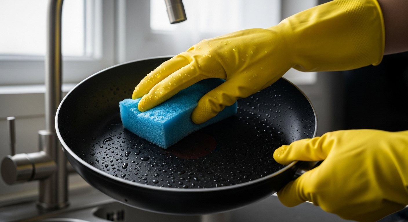 Đôi tay đeo găng vàng dùng miếng bọt biển mềm cọ rửa chảo chống dính màu đen, minh họa cách tẩy vết cháy nồi chảo nhẹ nhàng và hiệu quả.