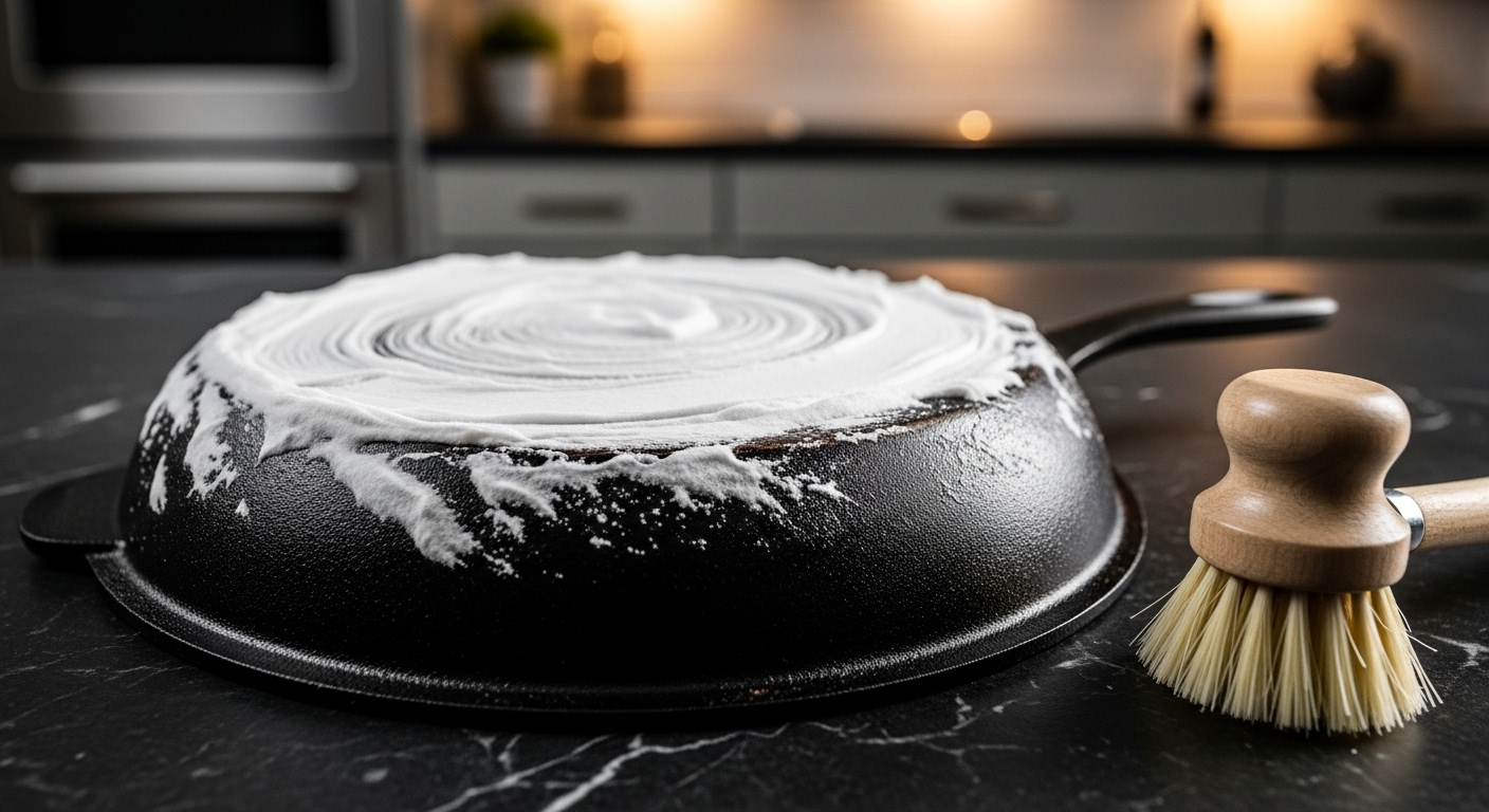 Đáy chảo gang bị cháy đen, bám két đang được thoa đều hỗn hợp baking soda trắng đặc, cùng cọ chà mềm đặt gần, minh họa cách vệ sinh đáy xoong nồi hiệu quả.