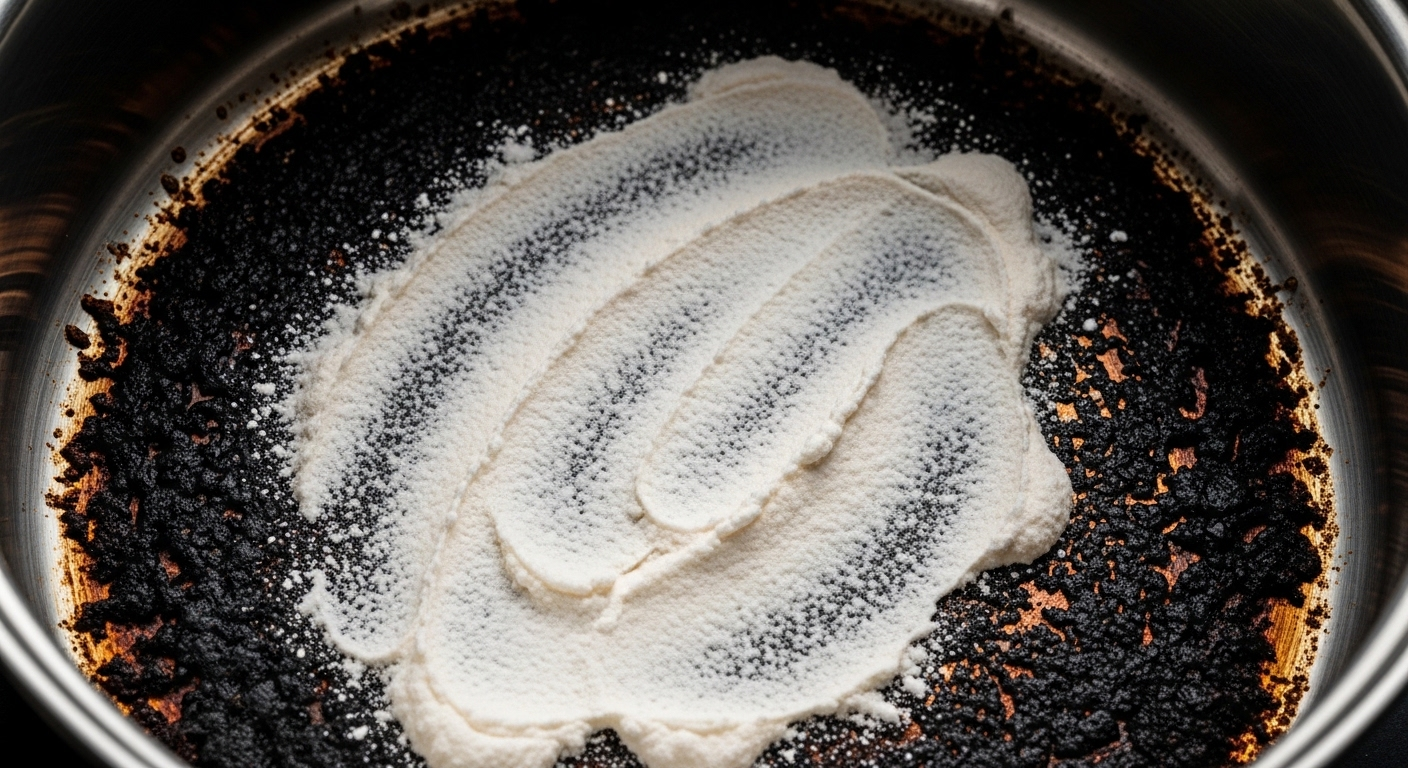 Đáy nồi inox bị cháy đen được phủ lớp baking soda, minh họa cách làm sạch đáy nồi inox bị cháy đen hiệu quả.