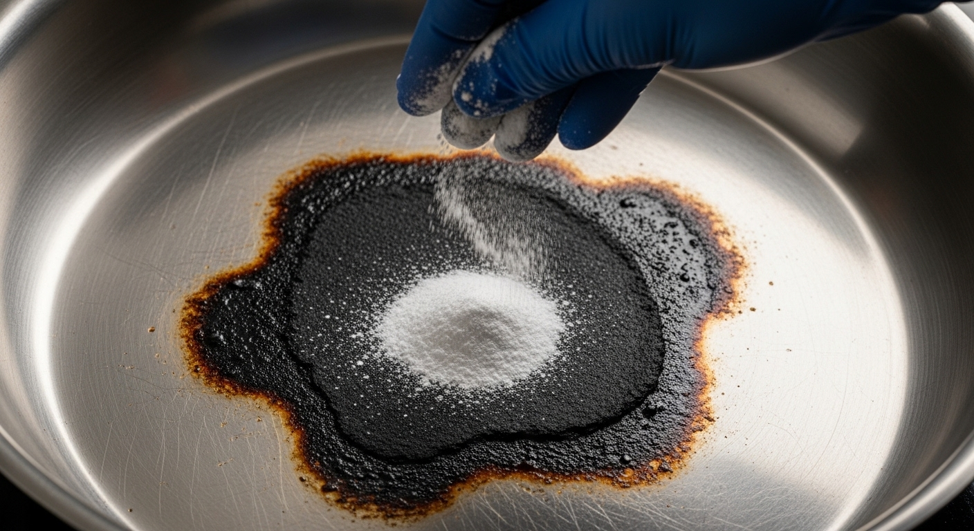 Bàn tay rắc baking soda lên vết cháy đen dưới đáy nồi kim loại, minh họa một bước trong cách làm sạch nồi chảo bị cháy hiệu quả.