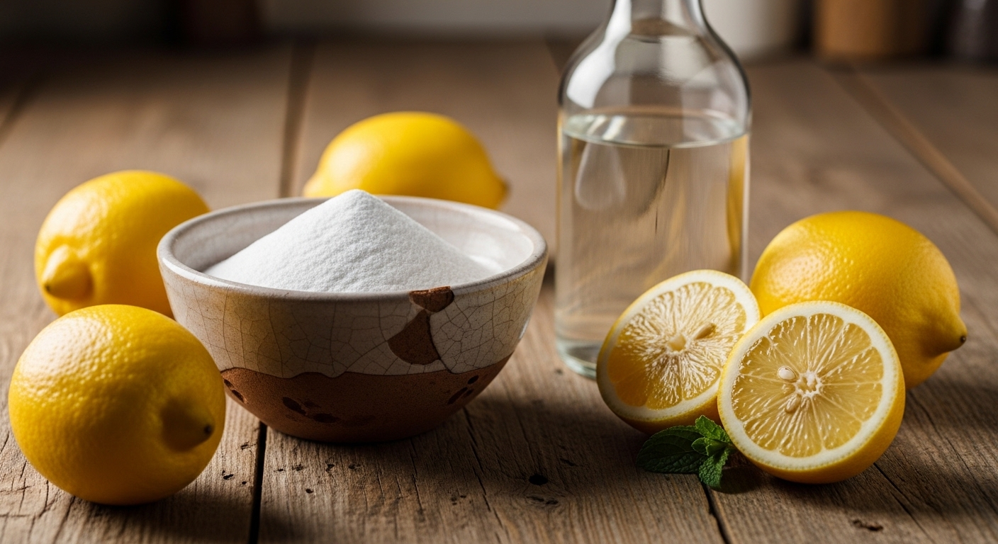 Baking soda, giấm trắng và chanh tươi được sắp xếp trên bàn gỗ mộc, những nguyên liệu tự nhiên tuyệt vời cho cách lau nhà nhanh và sạch.