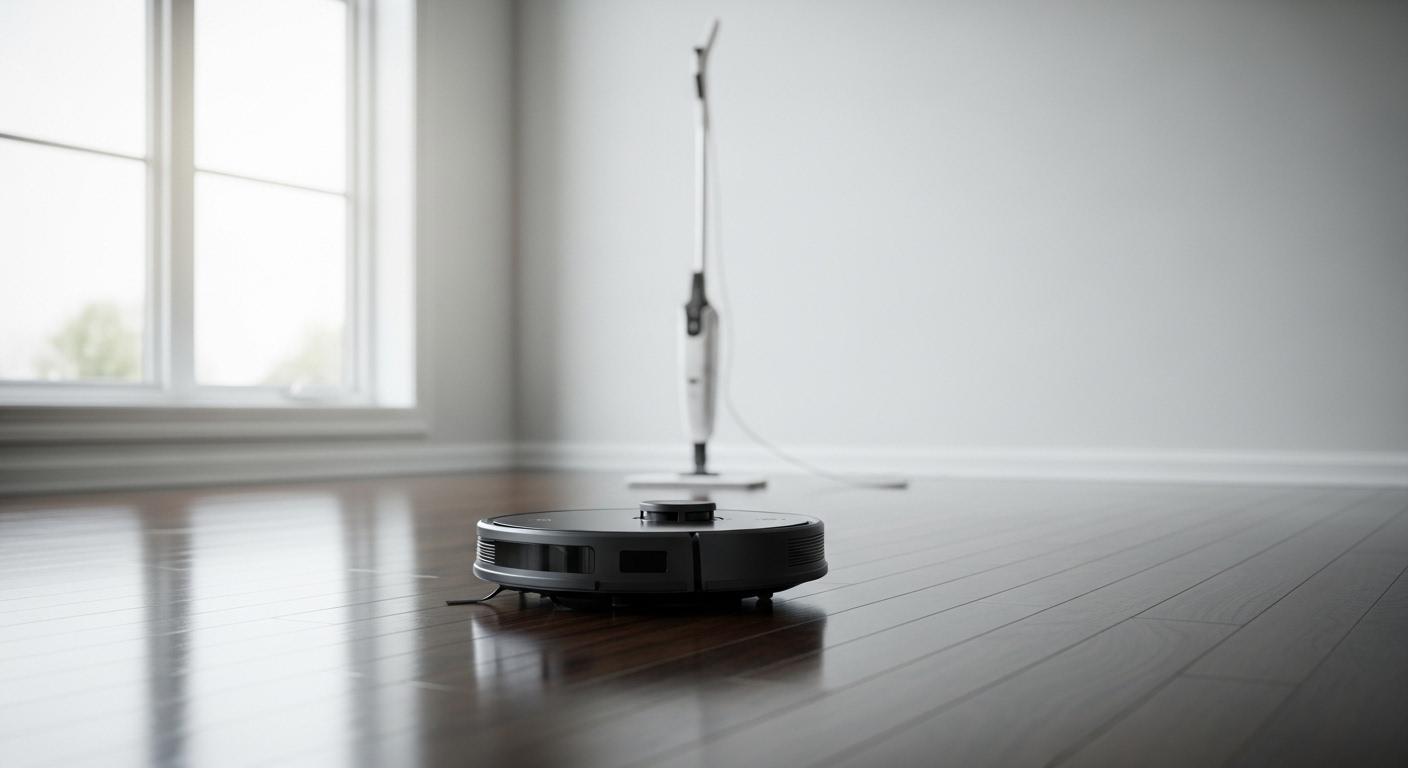 Robot hút bụi và cây lau nhà hơi nước hiện đại trên sàn gỗ cứng bóng loáng, thể hiện cách lau nhà sạch bóng tối ưu.