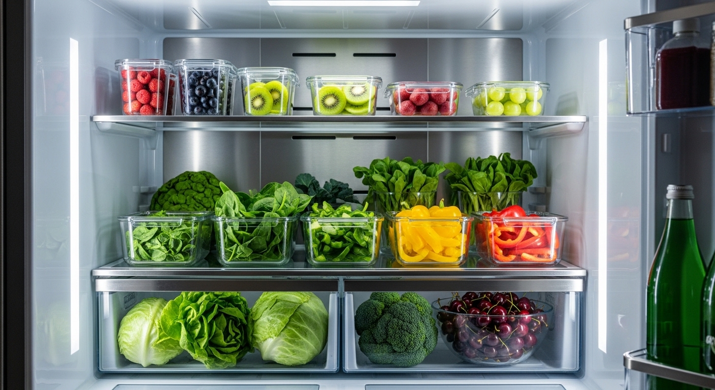 Bên trong tủ lạnh mở sạch bóng, rau củ quả tươi sắp xếp gọn gàng trong hộp kính, minh chứng cho hiệu quả của mẹo làm sạch nhà bếp.