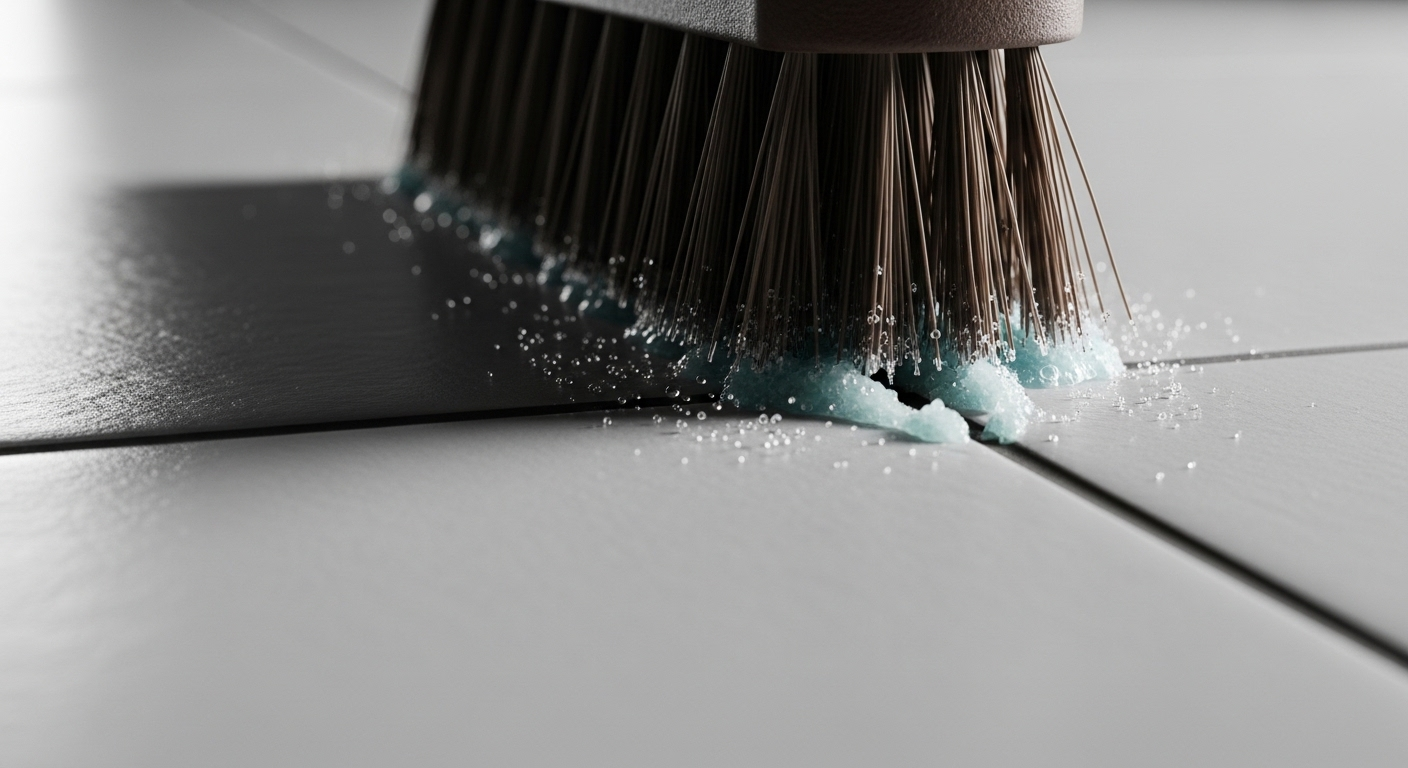 Cận cảnh bàn chải chà sạch chất tẩy trên đường ron trắng giữa gạch men xám nhạt, minh họa một bước quan trọng trong quy trình lau sàn nhà chuyên sâu.