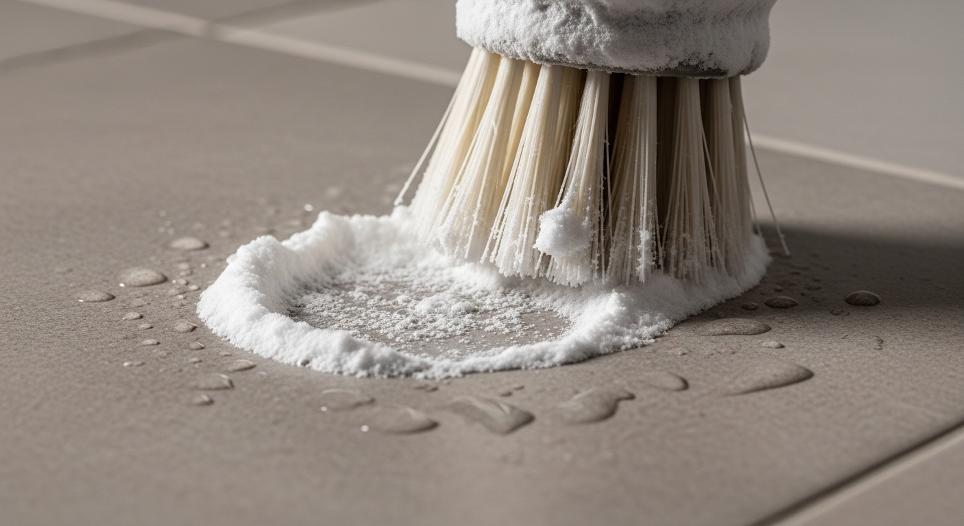 Cận cảnh hỗn hợp baking soda được chà nhẹ lên vết ố khô trên sàn gạch bằng bàn chải mềm, minh họa cách lau nhà sạch hiệu quả.