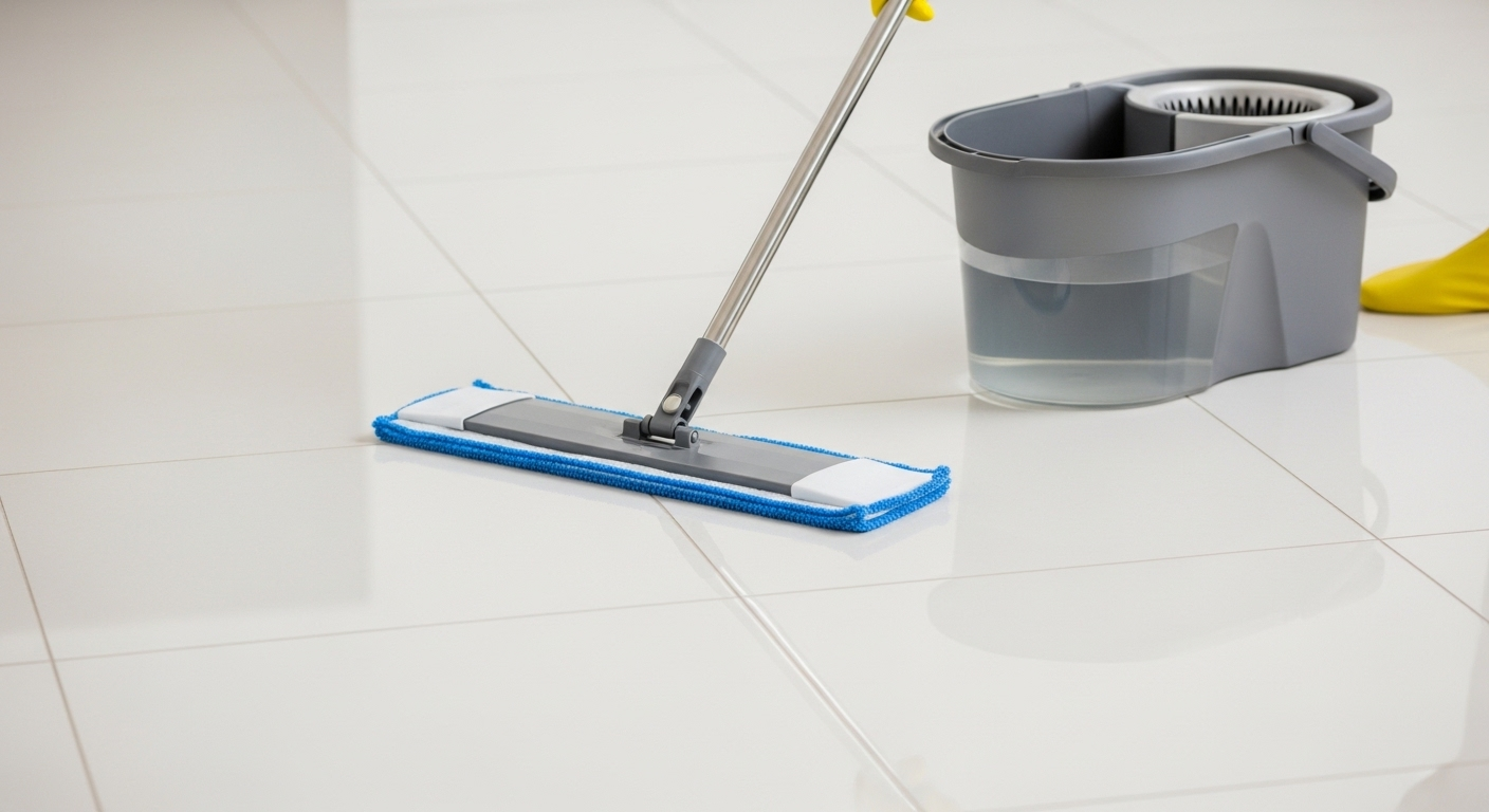 Bàn tay đeo găng vàng dùng cây lau nhà microfiber hiện đại để minh họa cách lau nhà sạch trên sàn gạch trắng tinh, cạnh xô nước hai ngăn.