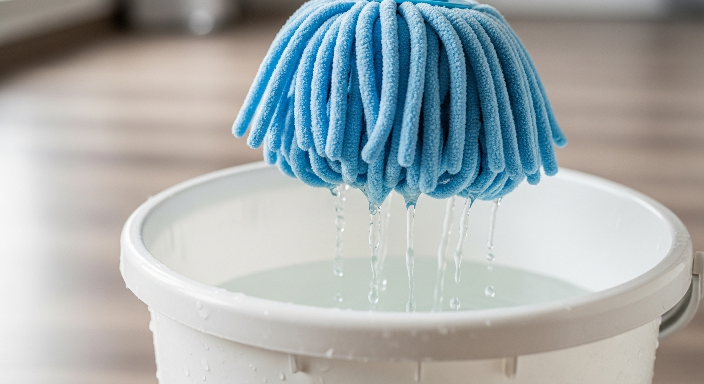 Đầu cây lau nhà microfiber màu xanh lam sạch tinh tươm đang được vắt khô ráo vào xô nước trong. Đây là bước thiết yếu trong cách lau nhà sạch không bị rít.