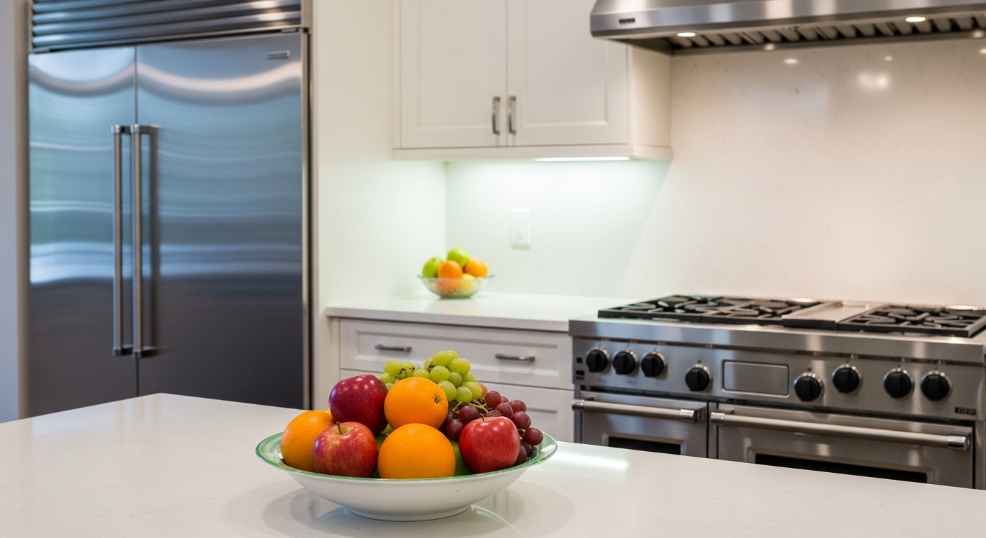 Căn bếp sáng bóng với thiết bị thép không gỉ và bát trái cây tươi trên bàn gọn gàng, minh chứng cho cách vệ sinh nhà cửa sạch sẽ và đúng cách.