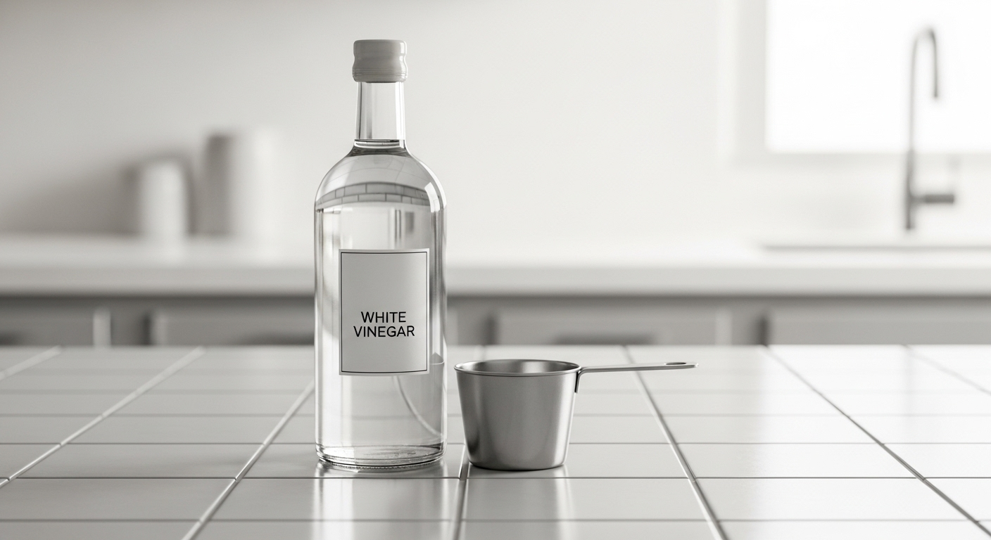 Chai giấm trắng và cốc đong trên mặt gạch sáng bóng, sẵn sàng cho cách làm nước lau sàn tự nhiên, không hóa chất.