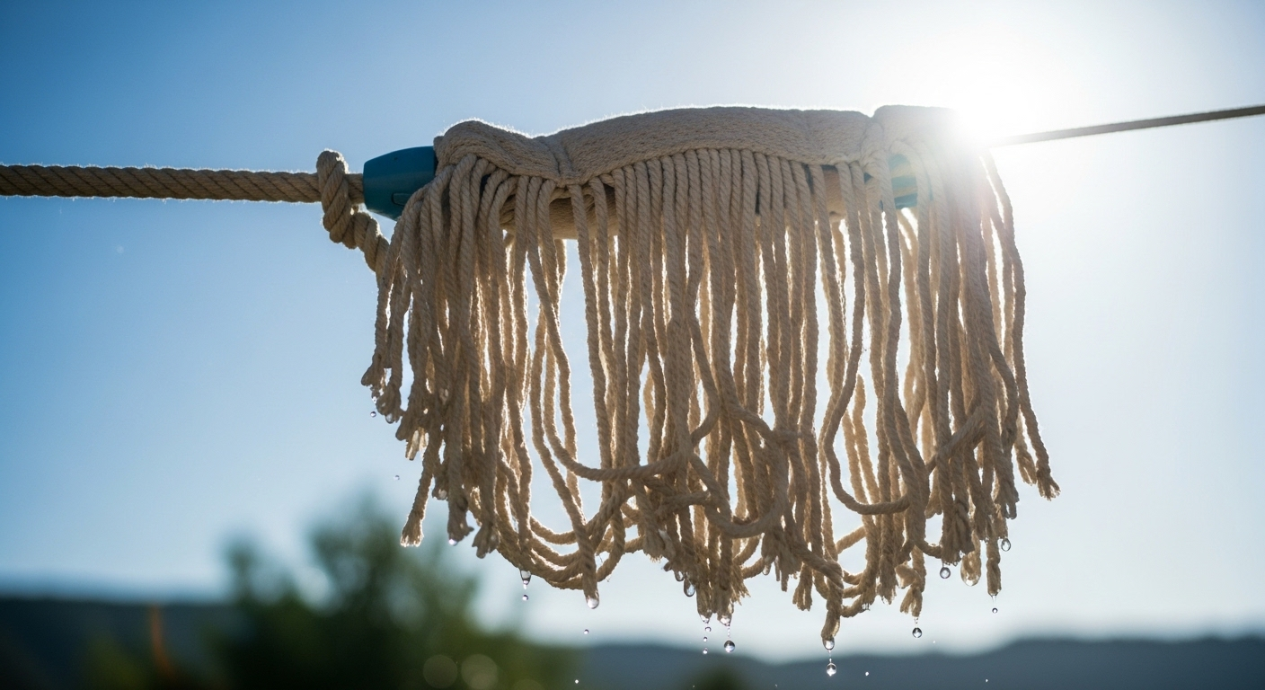 Cây lau nhà vừa giặt sạch treo ngược trên dây phơi ngoài trời dưới nắng tự nhiên rực rỡ, với nền trời xanh và cây xanh phía xa, minh họa bước phơi khô quan trọng trong cách làm sạch cây lau nhà hiệu quả.