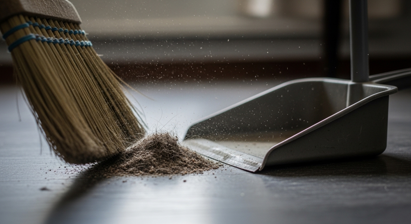 Cận cảnh chổi đang gom bụi, tóc và các mảnh vụn nhỏ vào ki hốt rác trên sàn nhà tối, minh họa một bước quan trọng trong cách lau nhà sạch hiệu quả.