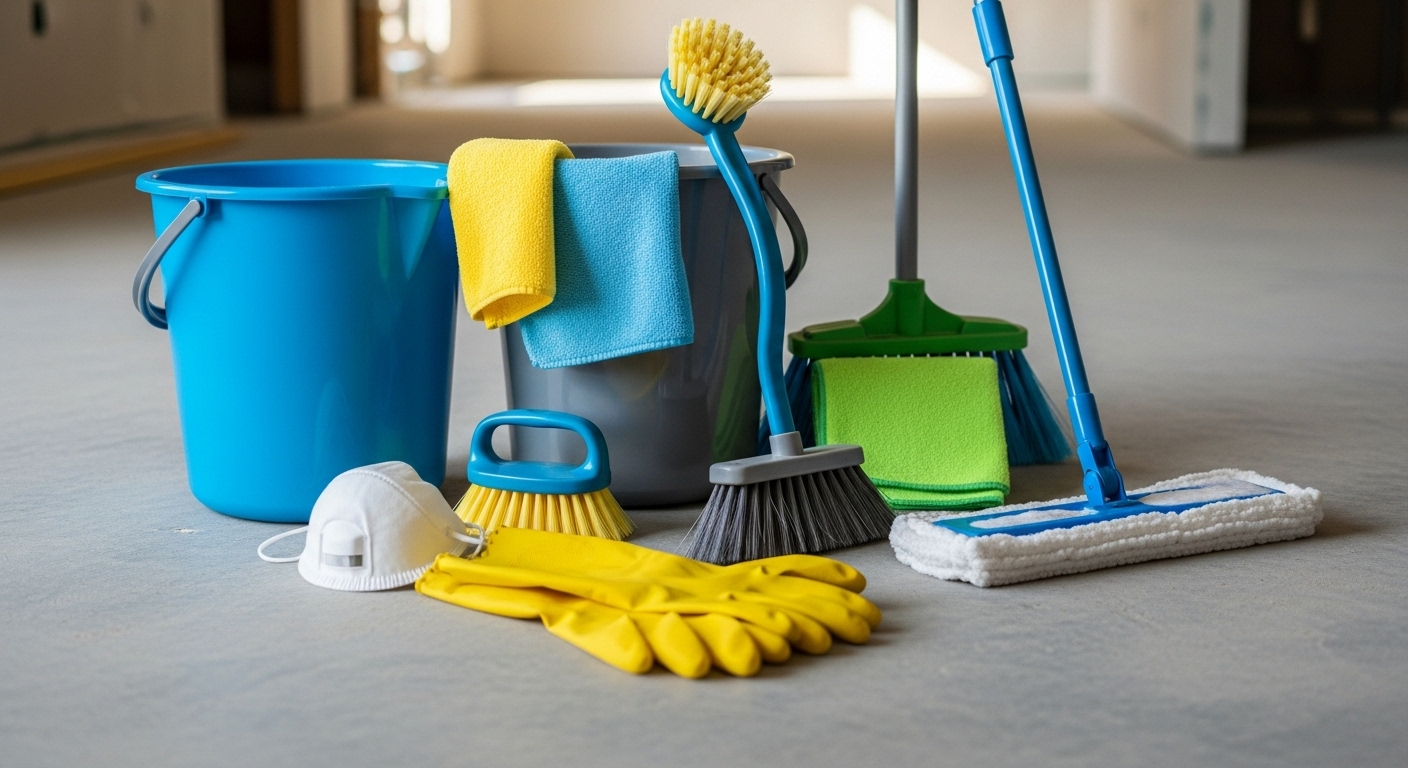 Dụng cụ vệ sinh chuyên dụng (xô, chổi, cây lau nhà, khẩu trang) sắp xếp gọn gàng trên sàn bê tông nhà mới xây, chuẩn bị cho cách vệ sinh sàn nhà sau xây dựng hiệu quả.