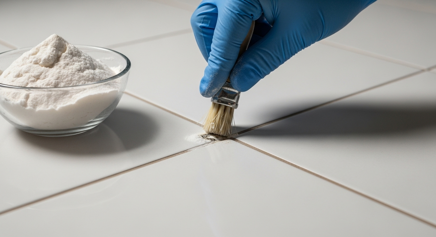Tay đeo găng xanh nhẹ nhàng dùng bàn chải và bột baking soda làm sạch vết nấm mốc đen trên đường ron gạch trắng. Minh họa cách lau nhà sạch và diệt nấm mốc hiệu quả.
